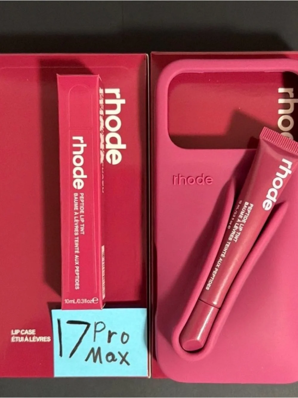 Rhode IPhone 17 Pro Max case with matching peptide lip tint in Raspberry Jelly!